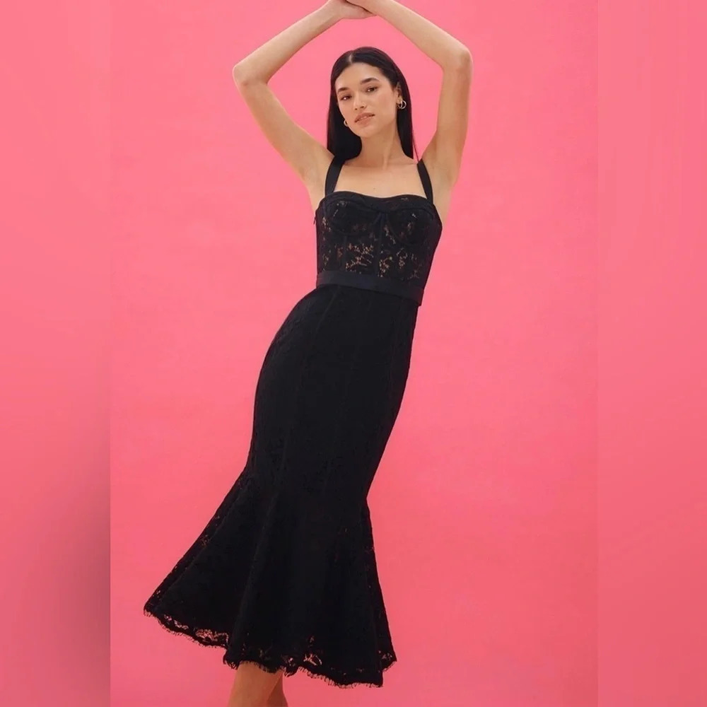 LEO LIN Clover Black Lace Bustier Midi Dress Sz 4 $800